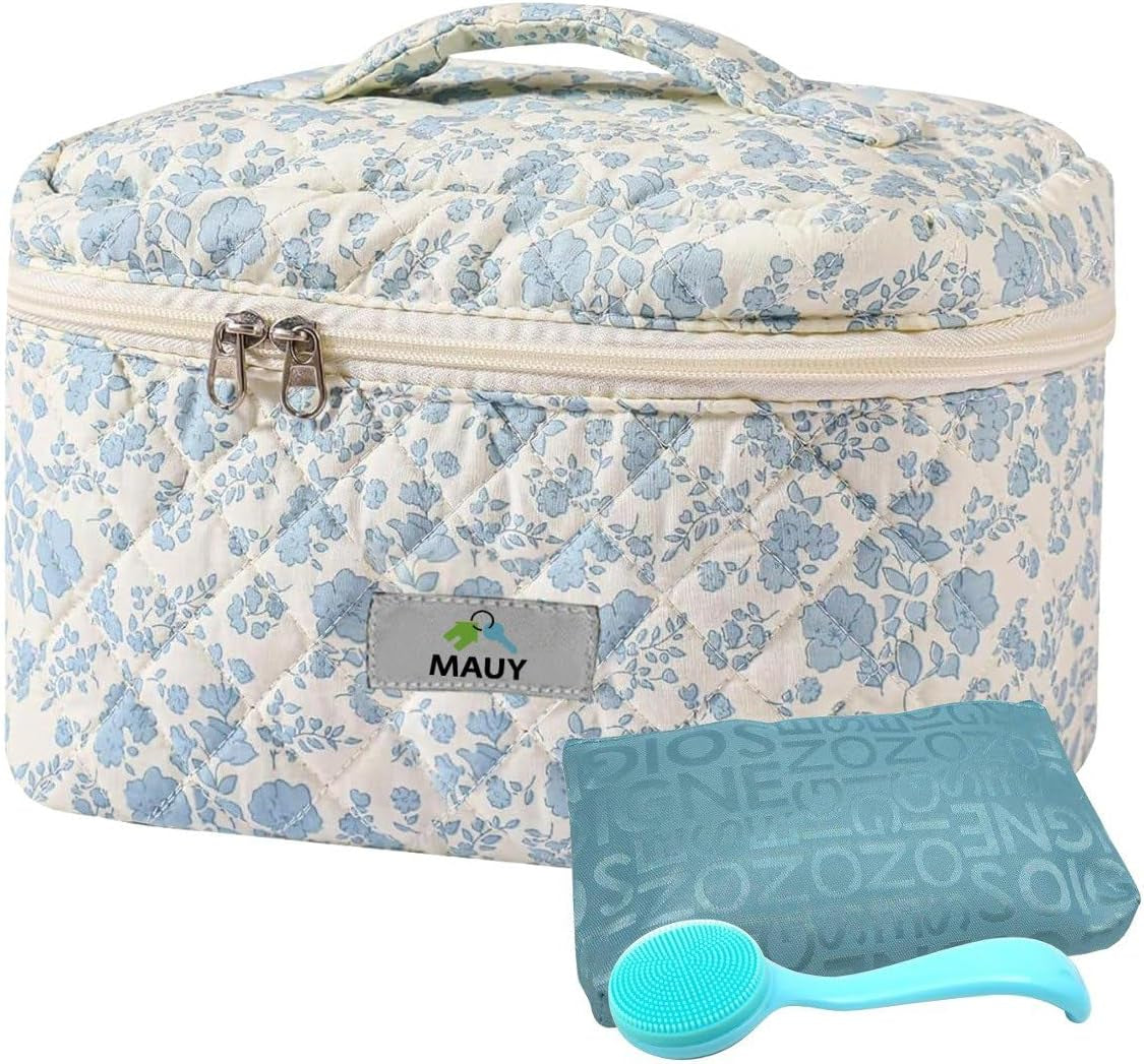 Quilted Cosmetic Bag - Large Aesthetic Makeup Pouch - Toiletry Travel Case - Clean Girl Coquette Floral Design