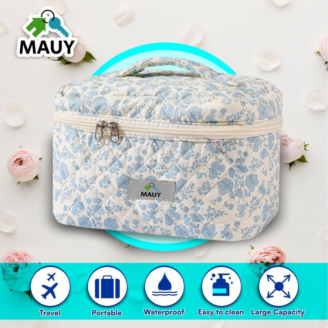 Quilted Cosmetic Bag - Large Aesthetic Makeup Pouch - Toiletry Travel Case - Clean Girl Coquette Floral Design