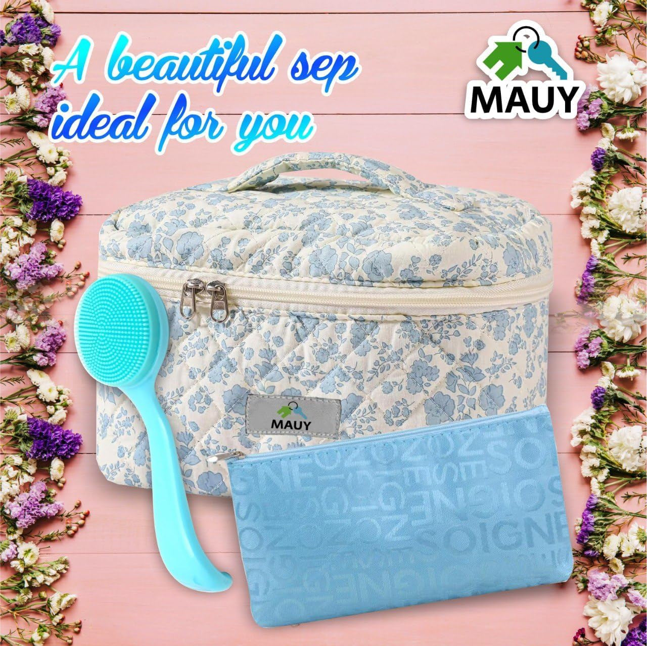 Quilted Cosmetic Bag - Large Aesthetic Makeup Pouch - Toiletry Travel Case - Clean Girl Coquette Floral Design